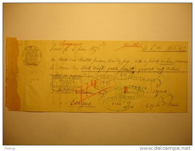 MANDAT LETTRE DE CHANGE CHEQUE Du 6 JUIN 1873 - DEVEAUX & WALTER - REMION PARIS - ALLIAUNE QUINCAILLER LANGRES - Tampons - Bills Of Exchange