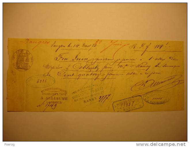 MANDAT LETTRE DE CHANGE CHEQUE Du 14 MARS 1873 ALLIAUME QUINCAILLER MERCERIE CHAUSSURES ET TAPIS LANGRES - Tampons - Bills Of Exchange