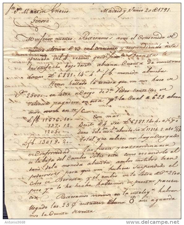 Prefilatelia Año 1791 Carta De Madrid A Genova Marca B Cataluña, Escrito Porteo L1.18 - ...-1850 Vorphilatelie