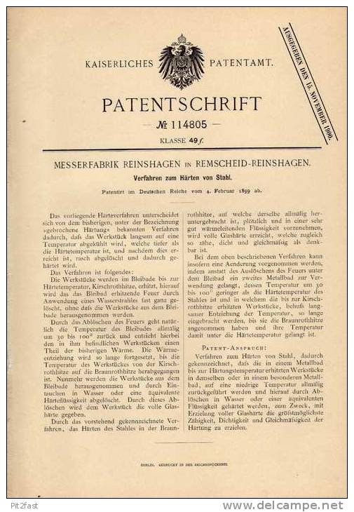 Original Patentschrift - Messerfabrik In Remscheid - Reinshagen , 1899 , Härten Von Stahl !!! - Ferronnerie