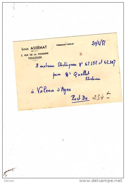 Genre Carte Viste Pour Correspondance : Lois  ASSEMAT - Rue De La Fonderie - Toulouse - Moteur électrique - Cartoncini Da Visita