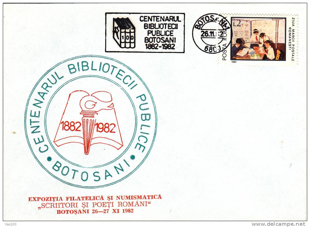 PUBLIC LIBRARY CENTENARY, 1982, SPECIAL COVER, OBLITERATION CONCORDANTE, ROMANIA - Lettres & Documents