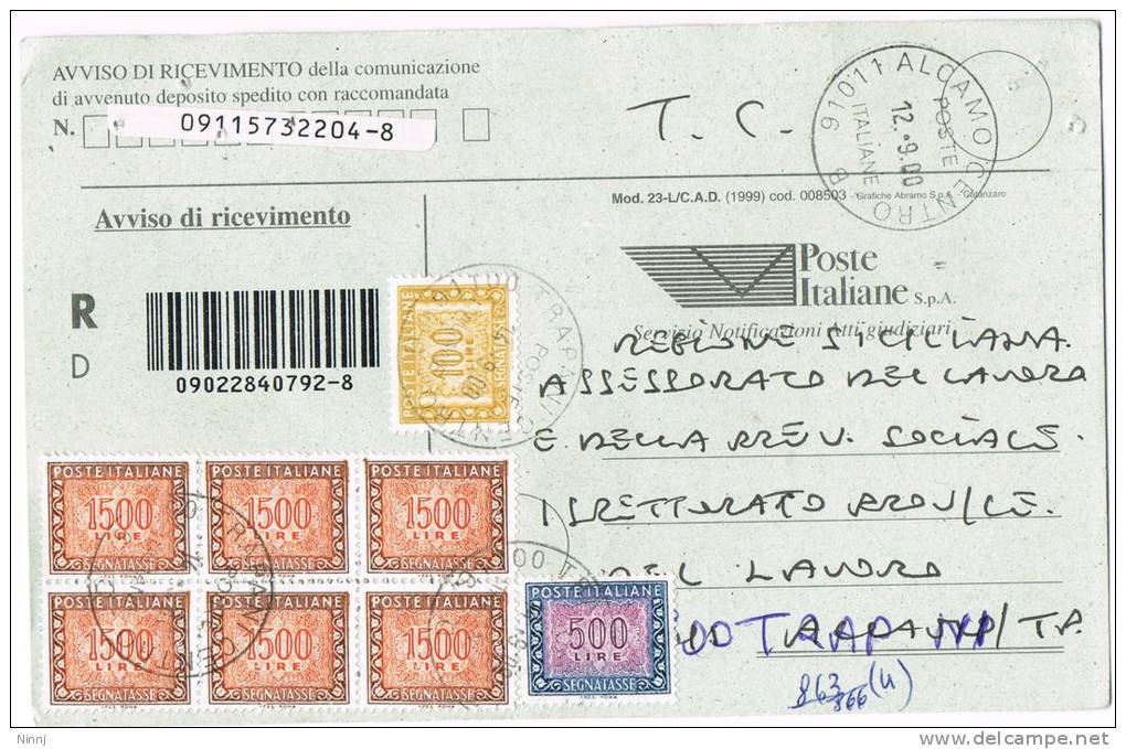 276-Italia Storia Postale Poste Italiane Avviso Di Ricev.Segnatasse Racc. Affranc. Valori 6 X £.1.500 + £. 500 + £ 100 - Impuestos