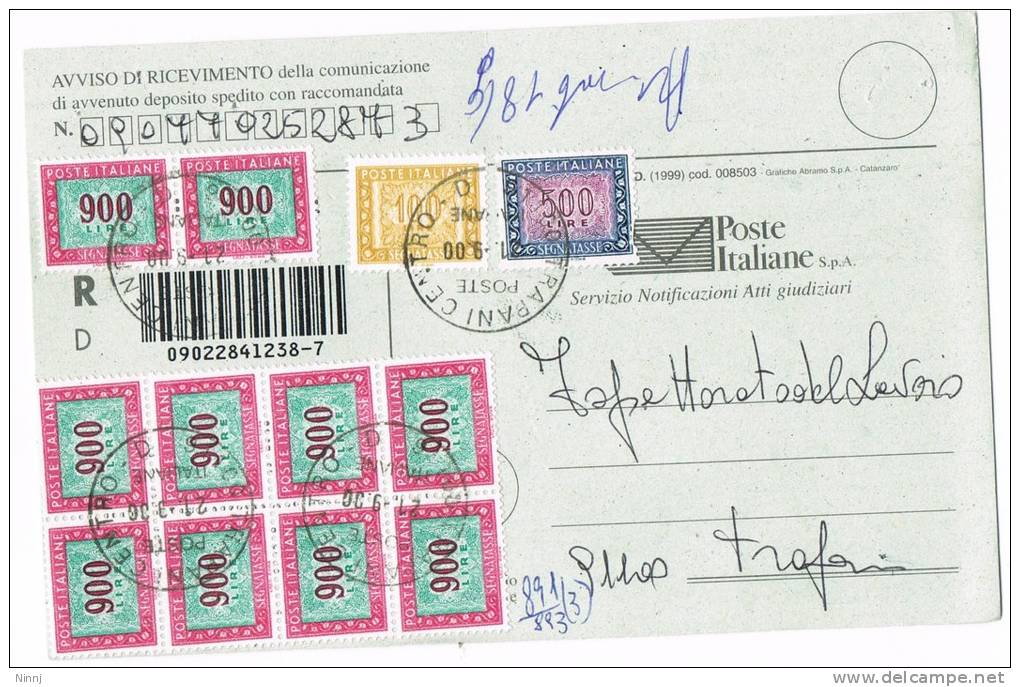 277-Italia Storia Postale Poste Italiane Avviso Di Ricev. Segnatasse Racc. Affranc. Valori 10 X £. 900 + £. 500 + £ 100 - Impuestos