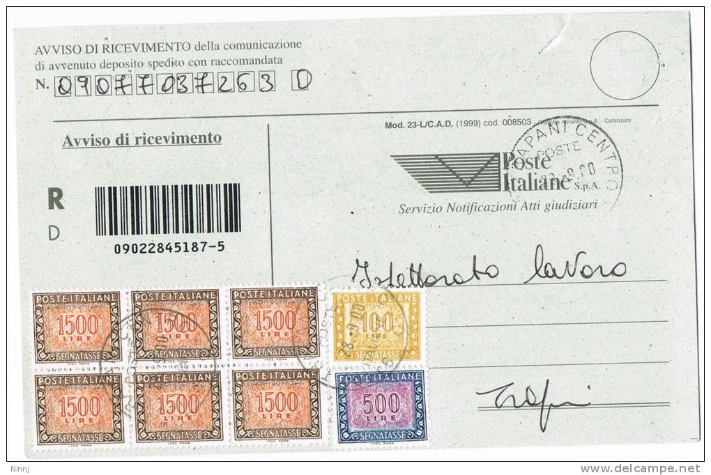 278-Italia Storia Postale Poste Italiane Avviso Di Ricev. Segnatasse Racc. Affranc. Valori 6 X £. 1500 + £. 500 + £ 100 - Taxe