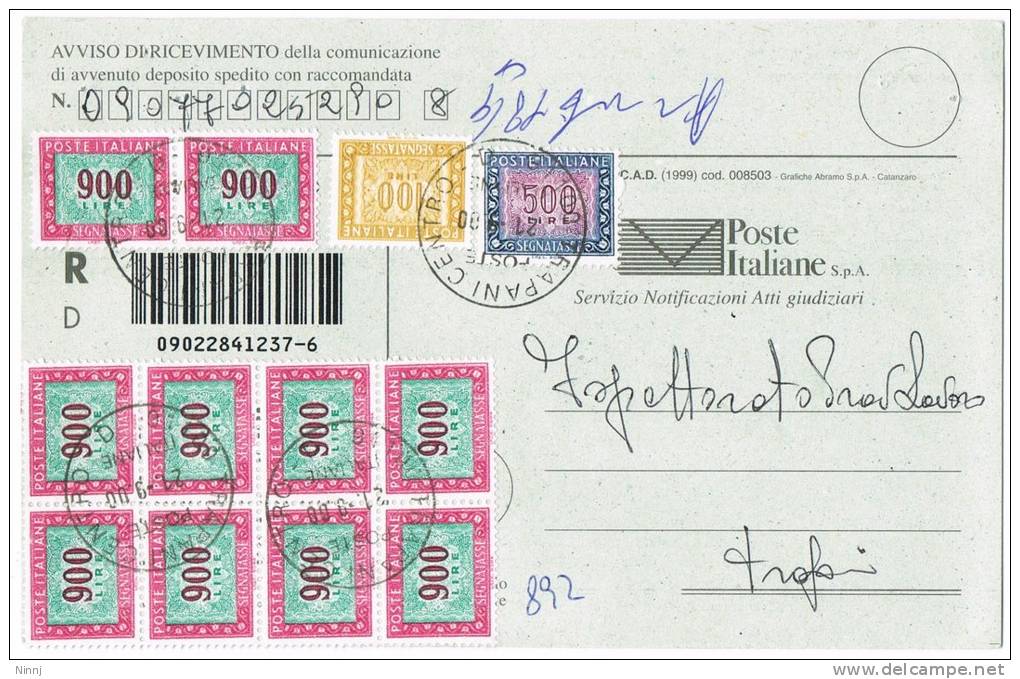 282-Italia Storia Postale Poste Italiane Avviso Di Ricev. Segnatasse Racc. Affranc. Valori 10 X £. 900 + £. 500 + £ 100 - Taxe