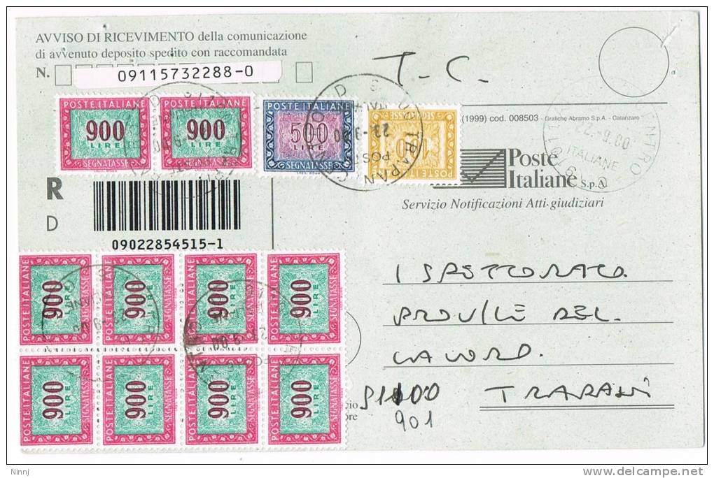 283-Italia Storia Postale Poste Italiane Avviso Di Ricev. Segnatasse Racc. Affranc. Valori 10 X £. 900 + £. 500 + £ 100 - Portomarken