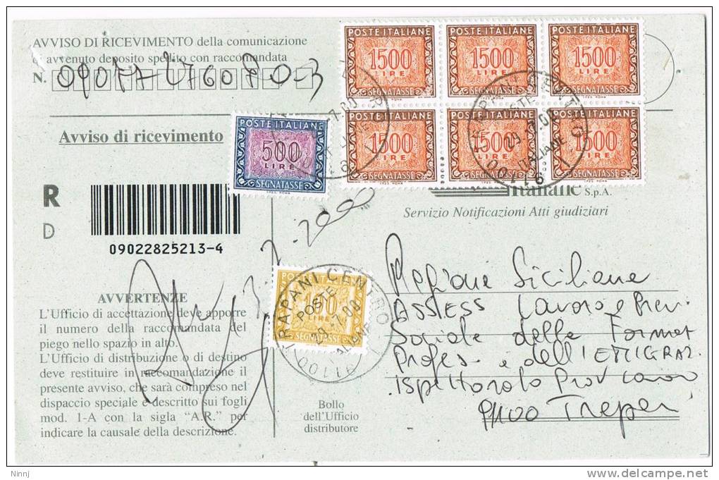 285-Italia Storia Postale Poste Ital. Avviso Di Ricev. Segnatasse Racc.Affranc. Valori 6 X £. 1.500 + £. 500 + £ 100 - Portomarken