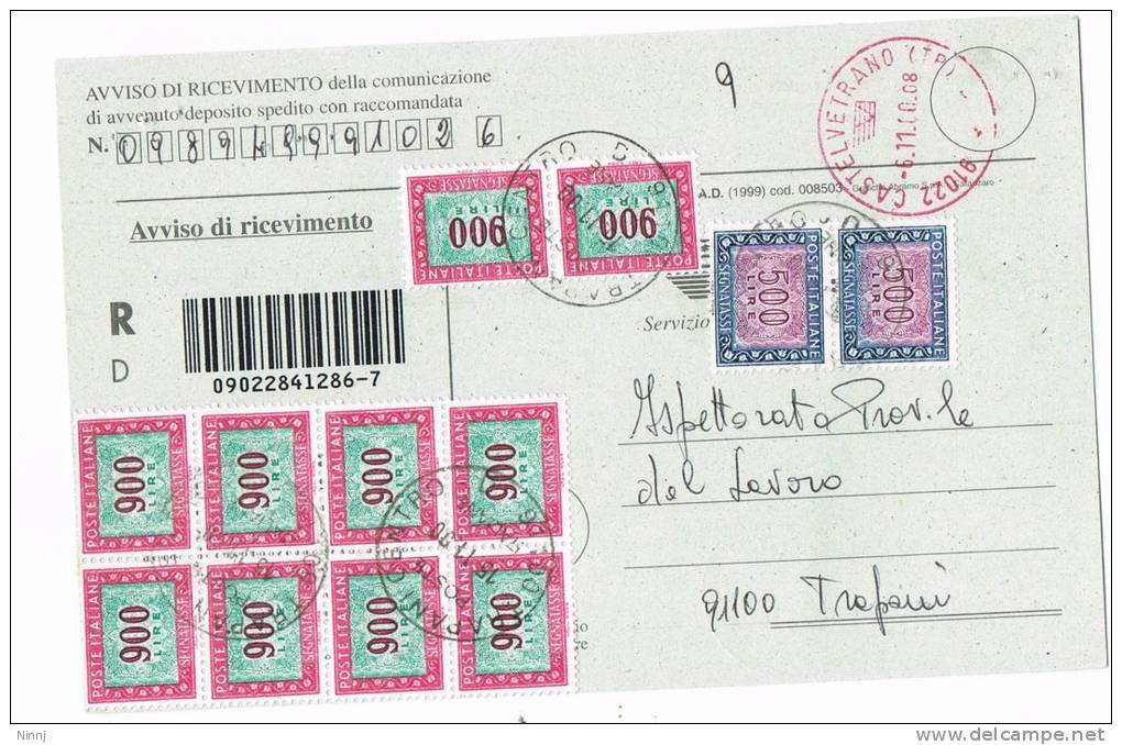 287-Italia Storia Postale Avviso Di Ricev. Segnatasse Racc. Affranc. Valori 10 X £. 900 + 2 X £. 500 - Portomarken