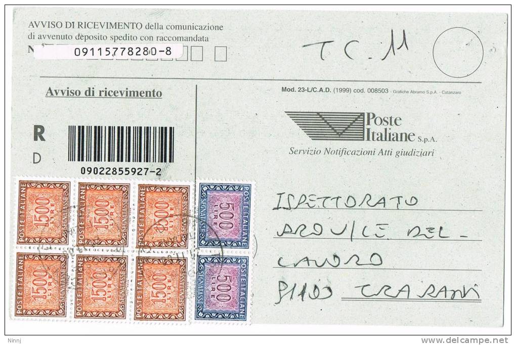 290-Italia Storia Postale Avviso Di Ricev. Segnatasse Racc. Affranc. Valori 6 X £. 1.500 + 2 X £. 500 - Impuestos