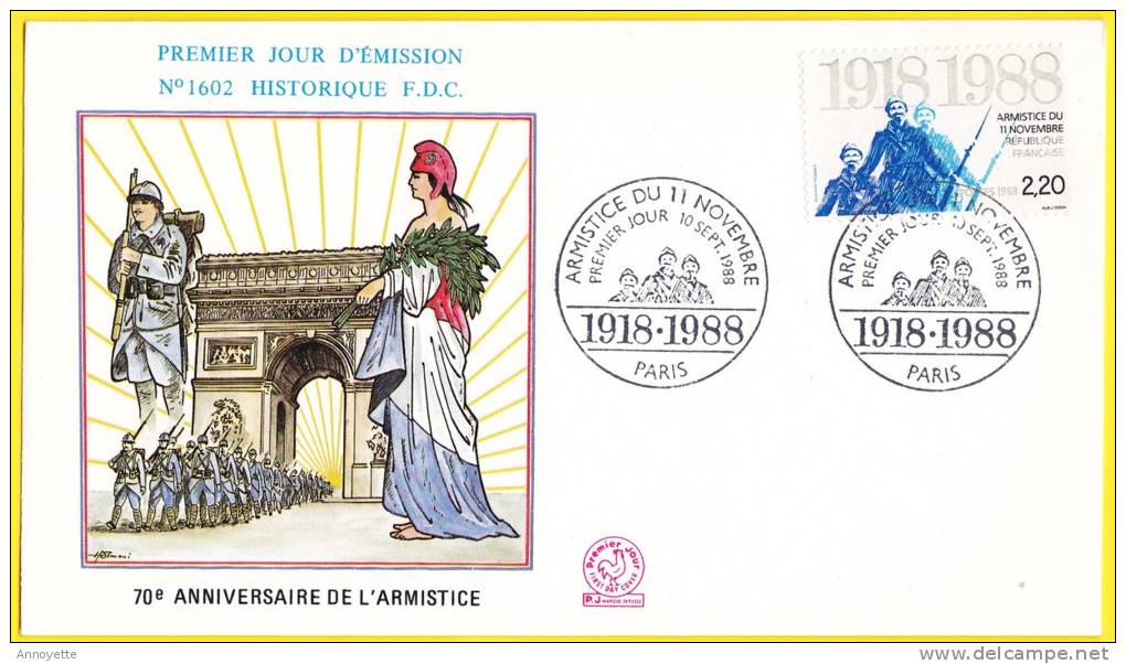 2549 (Yvert) Sur FDC Historique 1602 - 70ème Anniversaire De L'Armistice Du 11 Novembre 1918 - France 1988 - 1980-1989