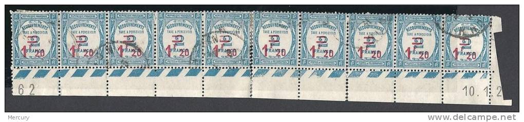 FRANCE - 1 F; 20 Sur 2 F. Bleu De 1929-31 Oblitéré En Bande De 10 Bord De Feuille - RARE - 1859-1959 Oblitérés