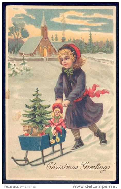 179445-Christmas, PFB No 11210, Girl Pushing Sleigh With Toys Doll & Small Christmas Tree, Embossed Litho - Other & Unclassified