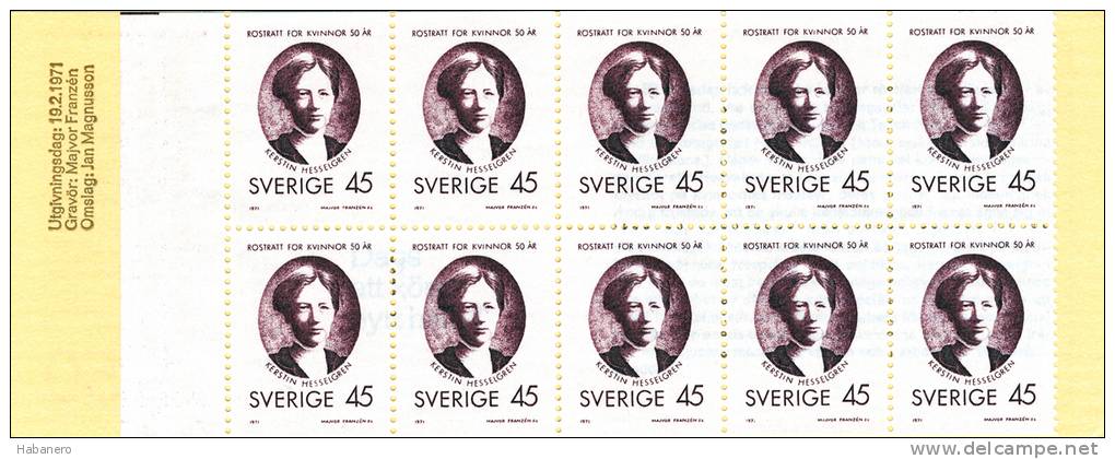SWEDEN 1971 80th ANNIVERSAY OF VOTING RIGHTS FOR WOMEN MINT BOOKLET ** - 1951-80