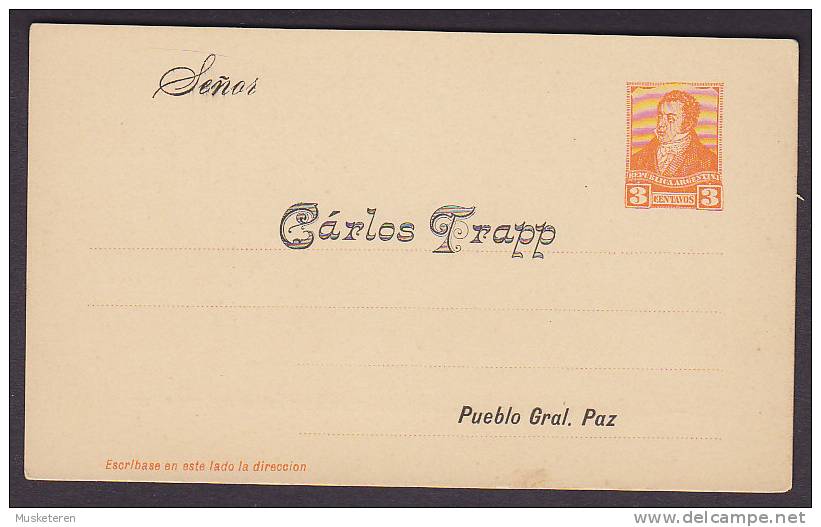 Argentina Private Print Postal Stationery Ganzsache Entier 3 Centavos CARLOS TRAPP Pueblo Gral. Paz Unused (2 Scans) - Enteros Postales
