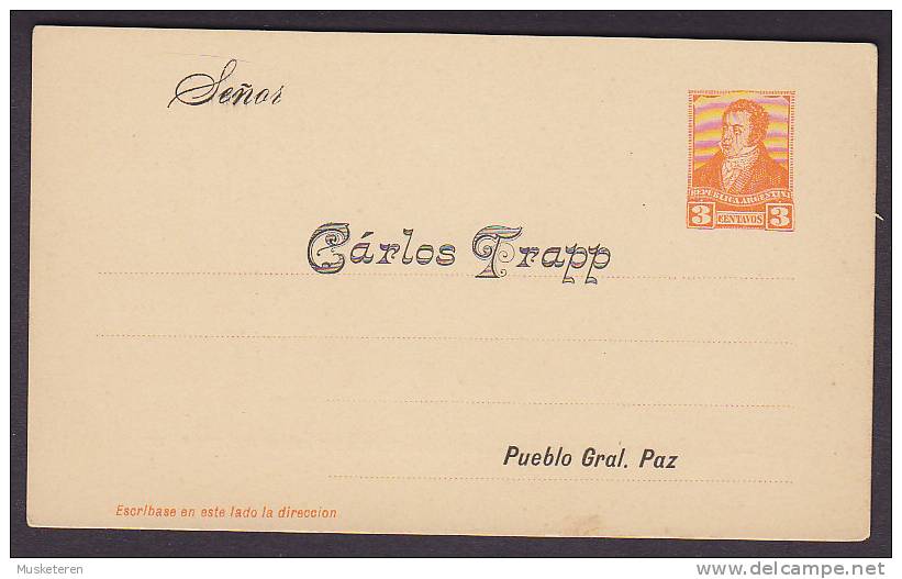 Argentina Private Print Postal Stationery Ganzsache Entier 3 Centavos CARLOS TRAPP Pueblo Gral. Paz Unused (2 Scans) - Entiers Postaux