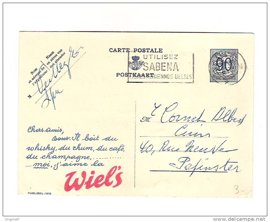 Belgique: Publibel Obl. N° 1018 (moi, Jaime La WIEL´S ) Obl: Fl: SABENA - Bières