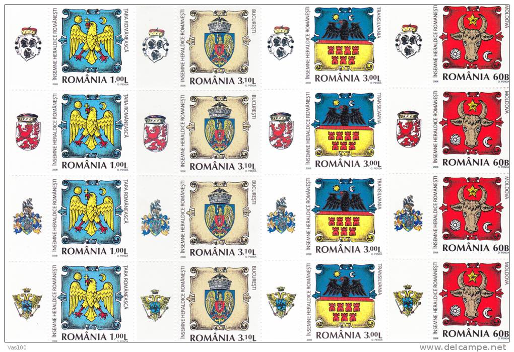 HERALDIC SIGNS,4 FULL SET + DIFF TABS RARE MNH,2008 ROMANIA. - Gebraucht