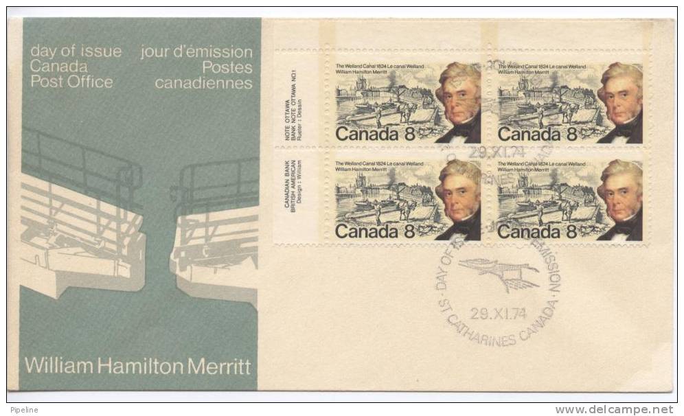 Canada FDC In Block Of 4 26-11-1974 WILLIAM HAMILTON MERRITT THE WELLAND CANAL - 1971-1980