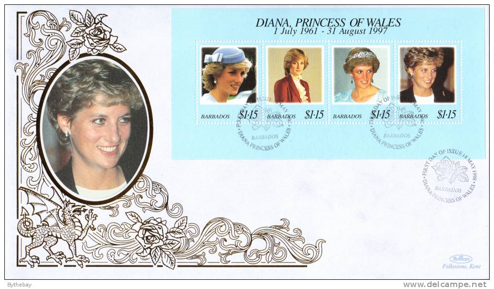 Barbados FDC Scott #950 Sheet Of 4 Diana Princess Of Wales - Barbados (1966-...)