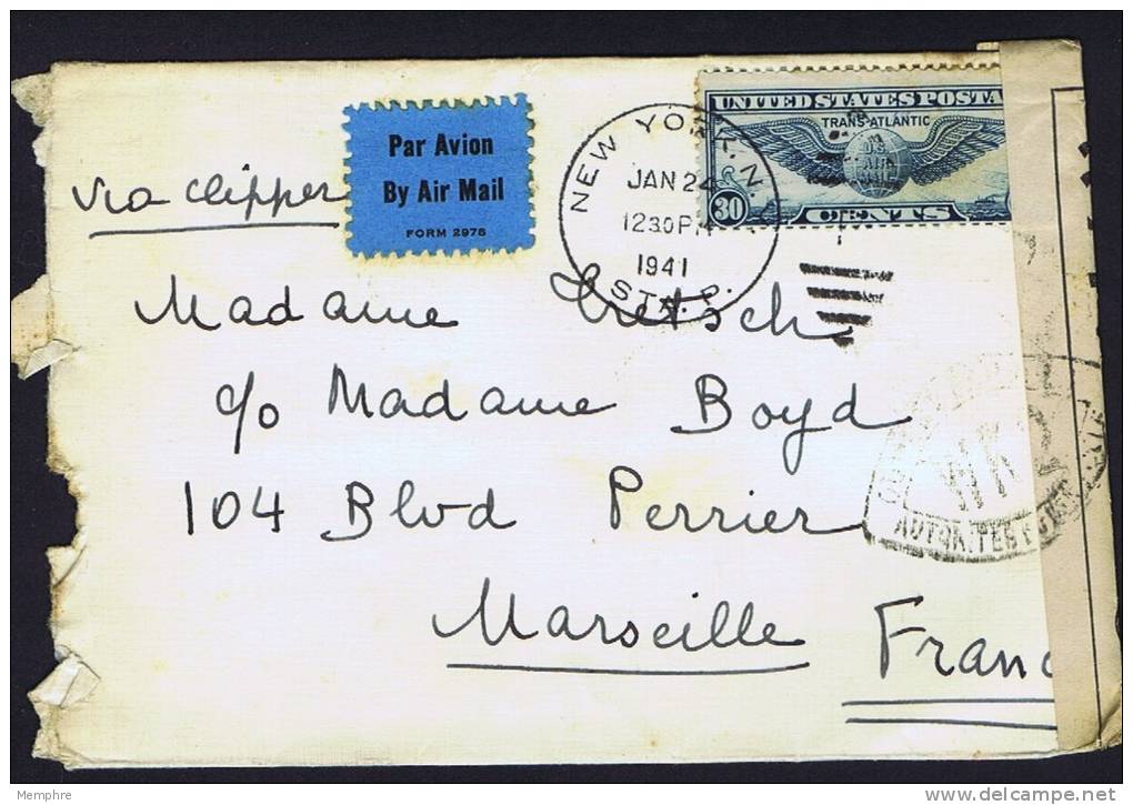 1941 Air Mail Letter To France Sc C24  French Censor Tape From Marseille  WK-2 - 2c. 1941-1960 Covers