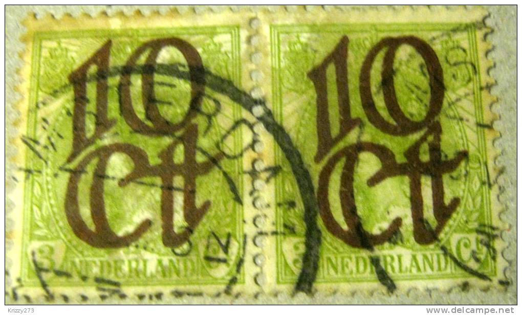 Netherlands 1923 Queen Wilhelmina 3c Overprinted 10c Pair - Used - Usati