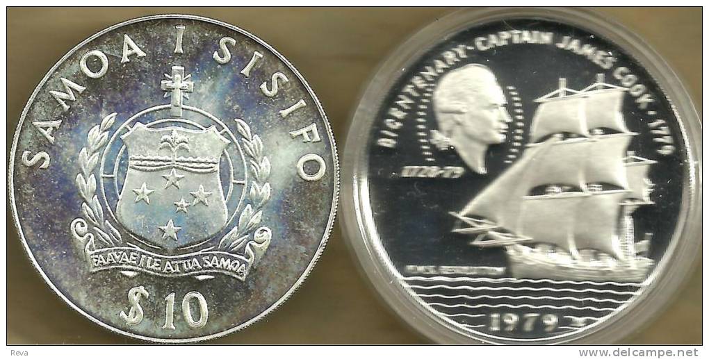 SAMOA $10 TALA  EMBLEM FRONT COOK 200 YEARS SHIP BACK 1979 SILVER PROOF KM32a READ DESCRIPTION CAREFULLY !!! - Samoa