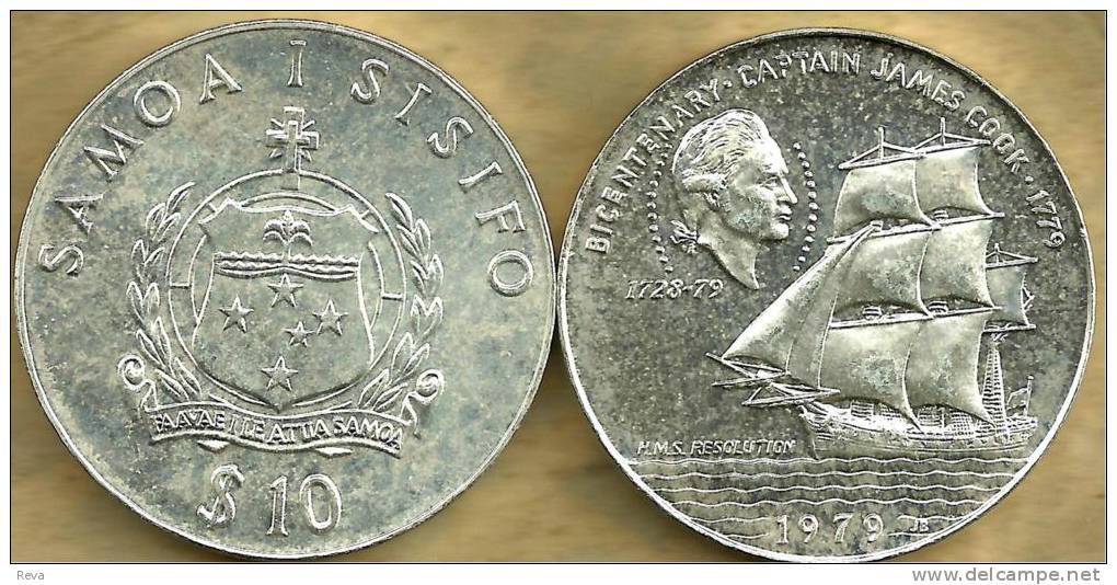 SAMOA $10 TALA  EMBLEM FRONT COOK 200 YEARS SHIP BACK 1979 SILVER PROOF KM32a READ DESCRIPTION CAREFULLY !!! - Samoa