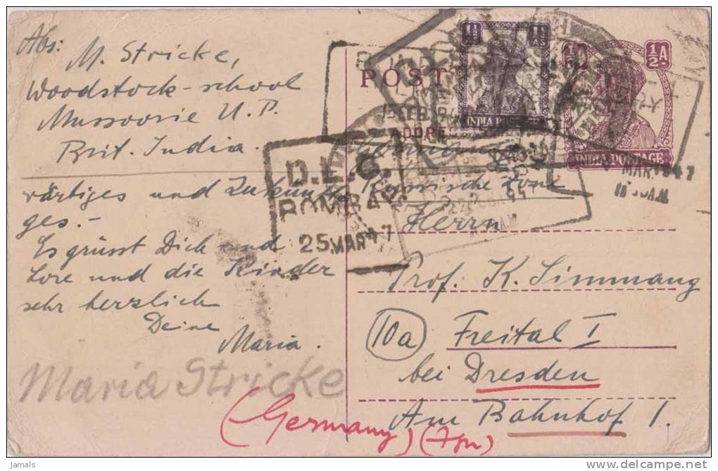 Br India King George VI, Postal Stationery Card, DLO Postmark, Sent To Germany, India As Per  The Scan - 1936-47 Koning George VI