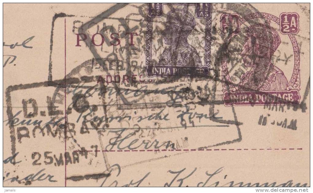 Br India King George VI, Postal Stationery Card, DLO Postmark, Sent To Germany, India As Per  The Scan - 1936-47 Koning George VI