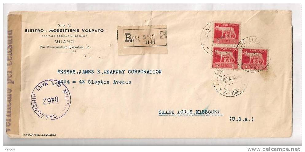 STORIA POSTALE RACCOMANDATA DA MILANO PER SAINT LOUIS MISSOURI DEL 2-7-1945 - Storia Postale
