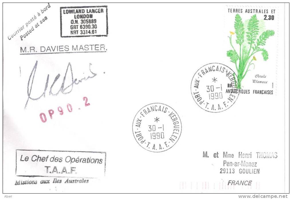 8209  LOWLAND LANCER Au KERGUELEN - OP 90-2 -   30-1-1990 ( Remplace Le MD ) - Lettres & Documents