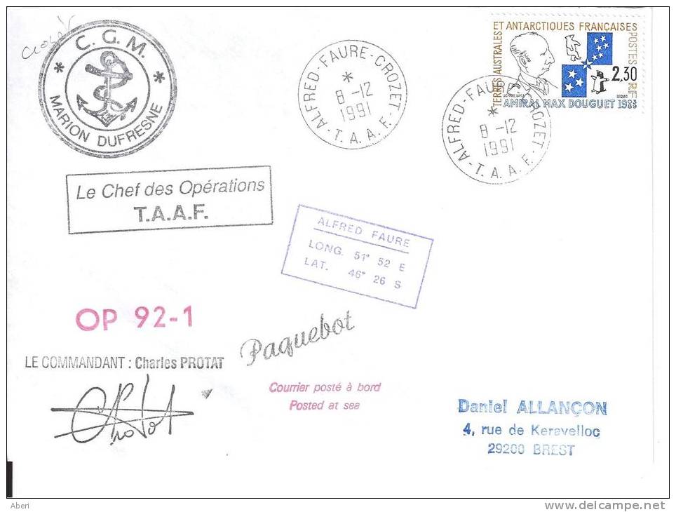 8211  MARION DUFRESNE à CROZET - OP 92-1 -    8-12-1991 - Lettres & Documents