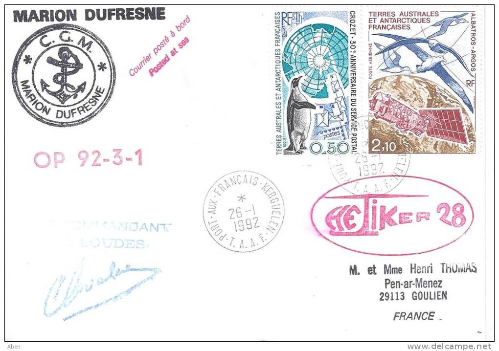 8212  MARION DUFRESNE Au KERGUELEN - OP 92-3-1 - HELIKER 28 - HELICOPTERE - 26-1-1992 - Storia Postale