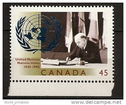 Canada 1995 N° 1443 ** Nations Unies, Premier Ministre, Signature, Charte, Mackenzie King, Mains, Stylo, Embleme - Neufs