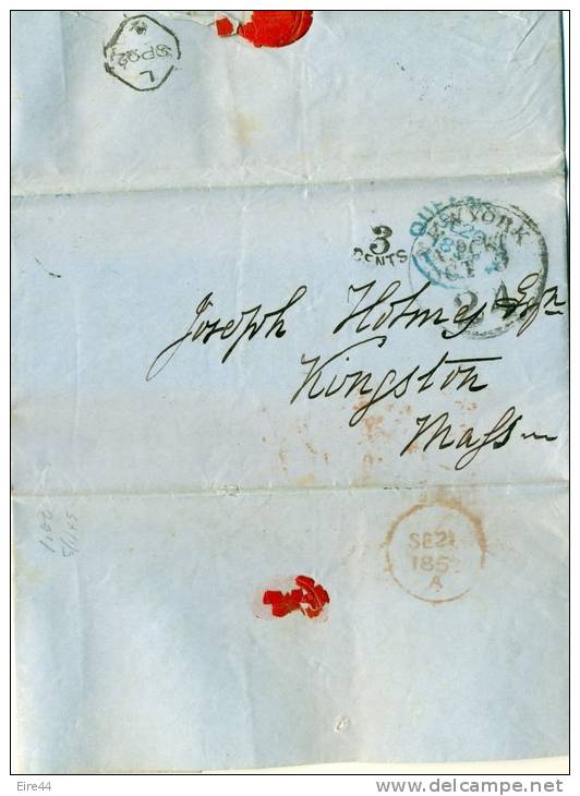 Great Britain 1852 EL Entire Letter Cork Ireland To Queenston Kingston United States - Prephilately
