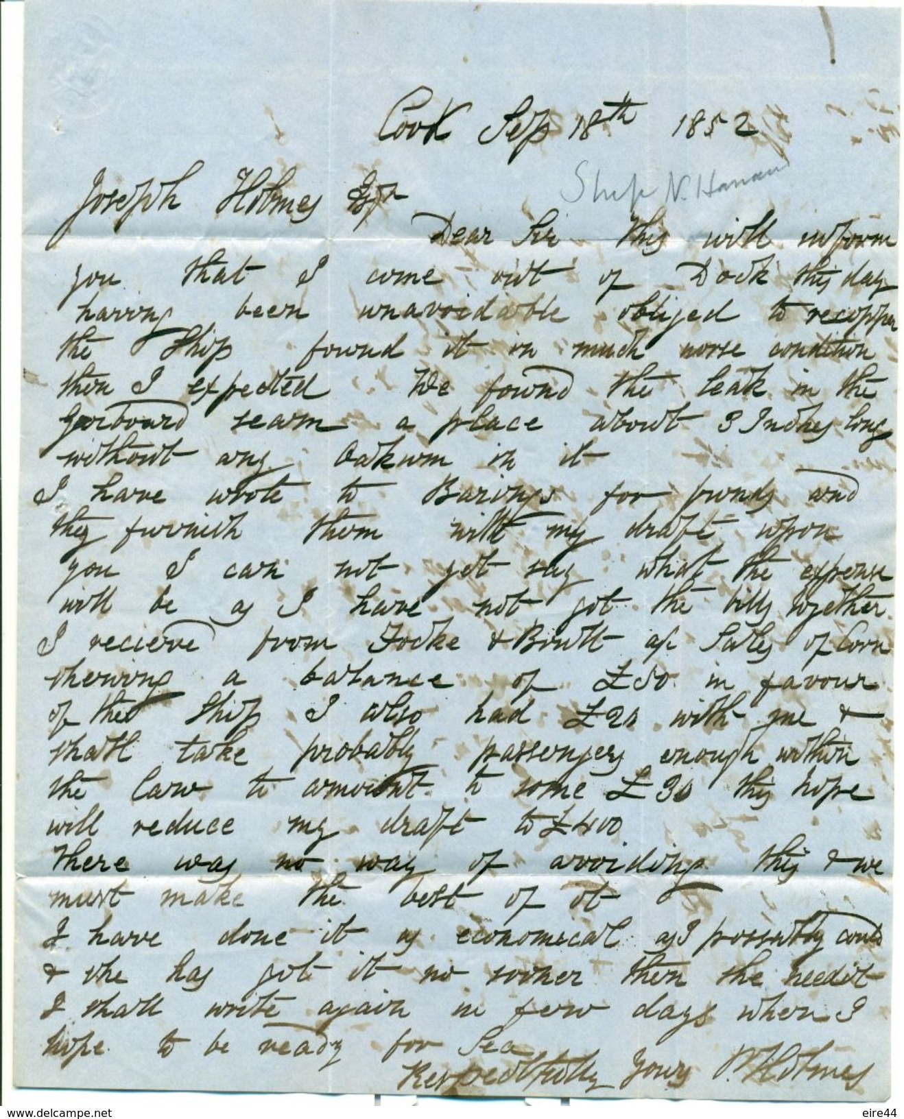 Great Britain 1852 EL Entire Letter Cork Ireland To Queenston Kingston United States - Vorphilatelie