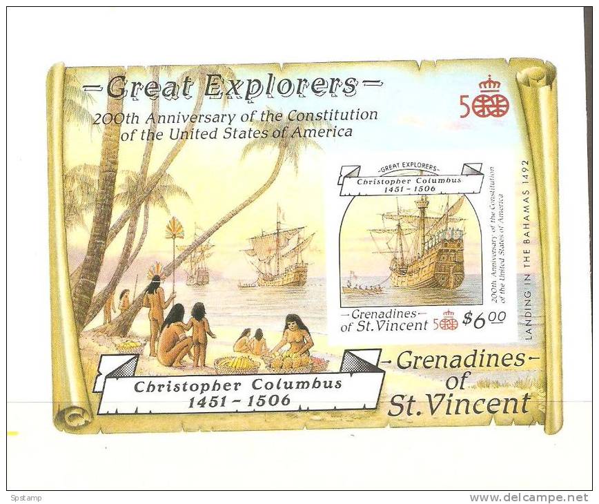 St Vincent Grenadines 1988 $6 Columbus & $5 Explorer Miniature Sheets Imperforate Proofs MNH - St.Vincent Und Die Grenadinen