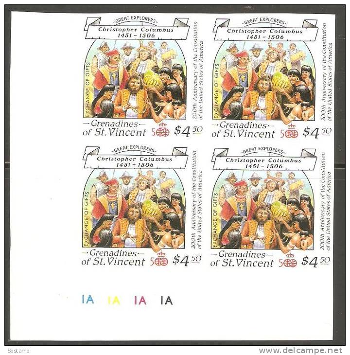 St Vincent Grenadines 1988 $4.50 Columbus Exchanging Gifts Imperforate Proof Plate Number Block 4 MNH - St.Vincent & Grenadines