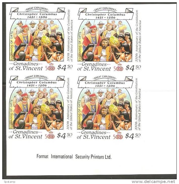 St Vincent Grenadines 1988 $4.50 Columbus Exchanging Gifts Imperforate Proof Imprint Block 4 MNH - St.Vincent Y Las Granadinas