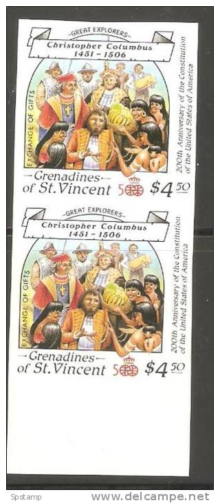 St Vincent Grenadines 1988 $4.50 Columbus Exchanging Gifts Imperforate Proof Vertical Pair MNH - St.-Vincent En De Grenadines