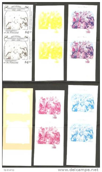 St Vincent Grenadines 1988 $4.50 Columbus Exchanging Gifts 6 X Imperforate Colour Trial Proofs Vertical Pairs  MNH - St.Vincent E Grenadine