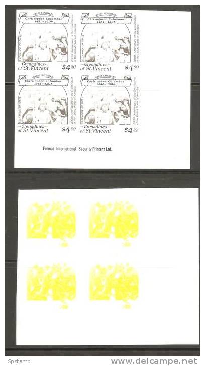 St Vincent Grenadines 1988 $4.50 Columbus Exchanging Gifts 6 X Imperforate Colour Trial Proofs Blocks 4  MNH - St.Vincent & Grenadines