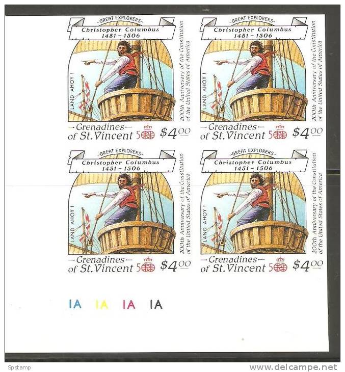 St Vincent Grenadines 1988 $4 Columbus Sighting Land  Imperforate Proof Plate Number  Block 4  MNH - St.Vincent & Grenadines