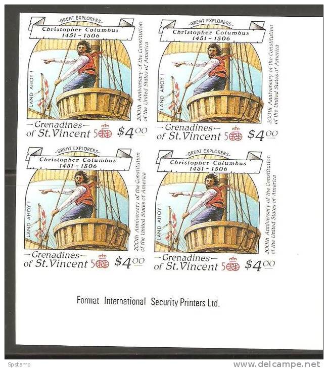 St Vincent Grenadines 1988 $4 Columbus Sighting Land Imperforate Proof Imprint  Block 4  MNH - St.-Vincent En De Grenadines