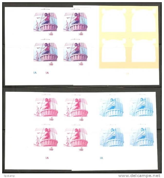 St Vincent Grenadines 1988 $4 Columbus Sighting Land X 6 Imperforate Colour Trial Proofs Plate Number Blocks 4 MNH - St.Vincent & Grenadines
