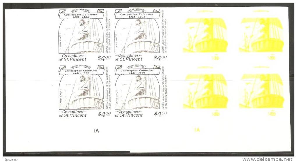 St Vincent Grenadines 1988 $4 Columbus Sighting Land X 6 Imperforate Colour Trial Proofs Plate Number Blocks 4 MNH - St.Vincent Y Las Granadinas