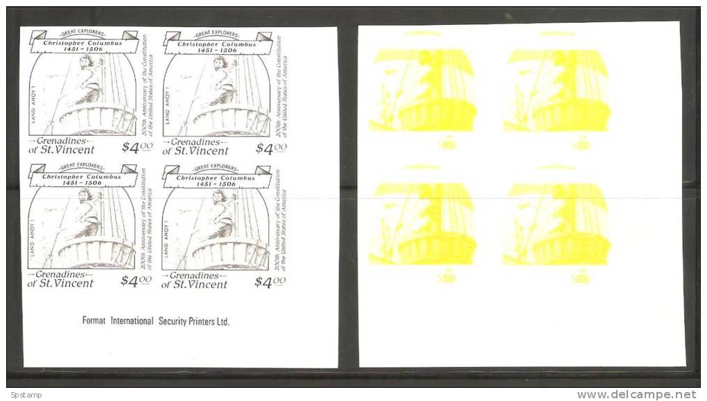 St Vincent Grenadines 1988 $4 Columbus Sighting Land 6 X  Imperforate Colour Trial Proofs Blocks 4 MNH - St.Vincent & Grenadines