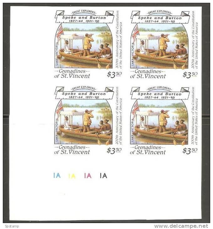 St Vincent Grenadines 1988 $3.50 Explorers Speke & Burton Lake Victoria Imperforate Proof Plate Number Block 4 MNH - St.Vincent & Grenadines