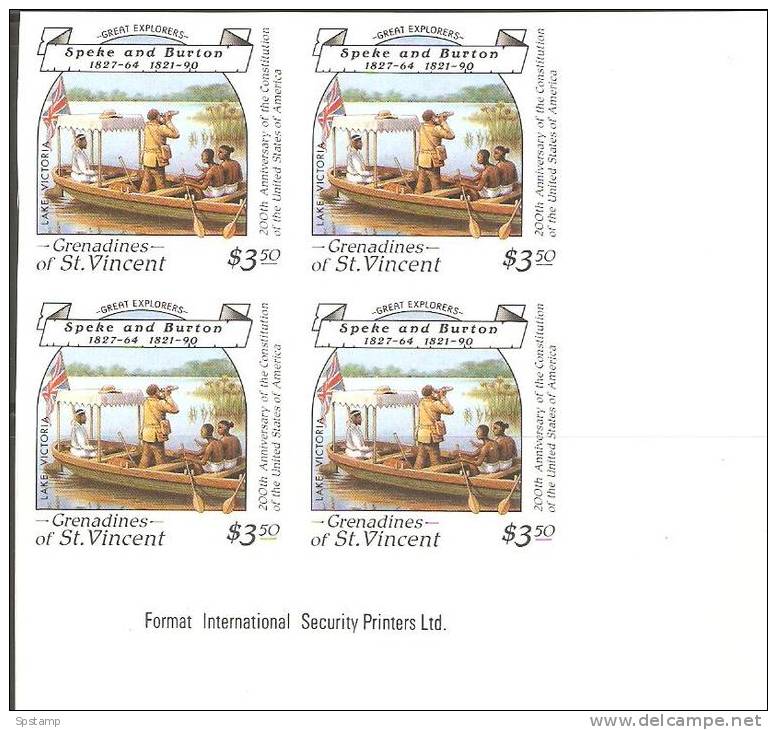 St Vincent Grenadines 1988 $3.50 Explorers Speke & Burton Lake Victoria Imperforate Proof Imprint Block 4 MNH - St.Vincent & Grenadines